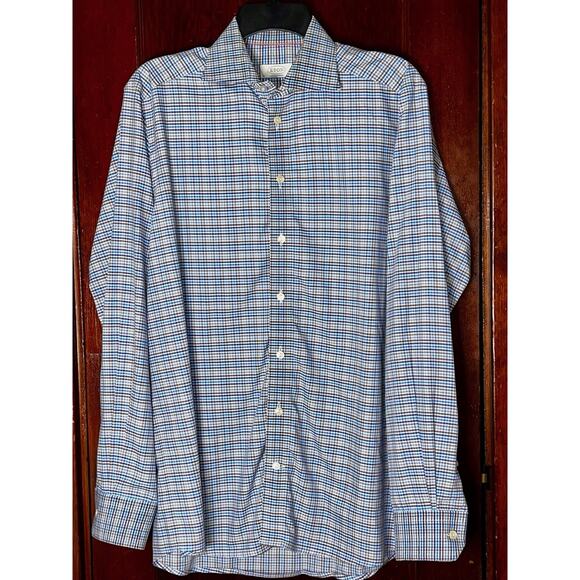 ETON CONTEMPORARY BLUE BROWN WHITE CHECK COTTON SLIM DRESS SHIRT 39/ 15.5